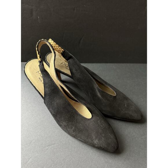 Vtg Paloma Made In Italy Suede Sling Back Shoes Size 8 Black Gold Chain Strap - Picture 2 of 6